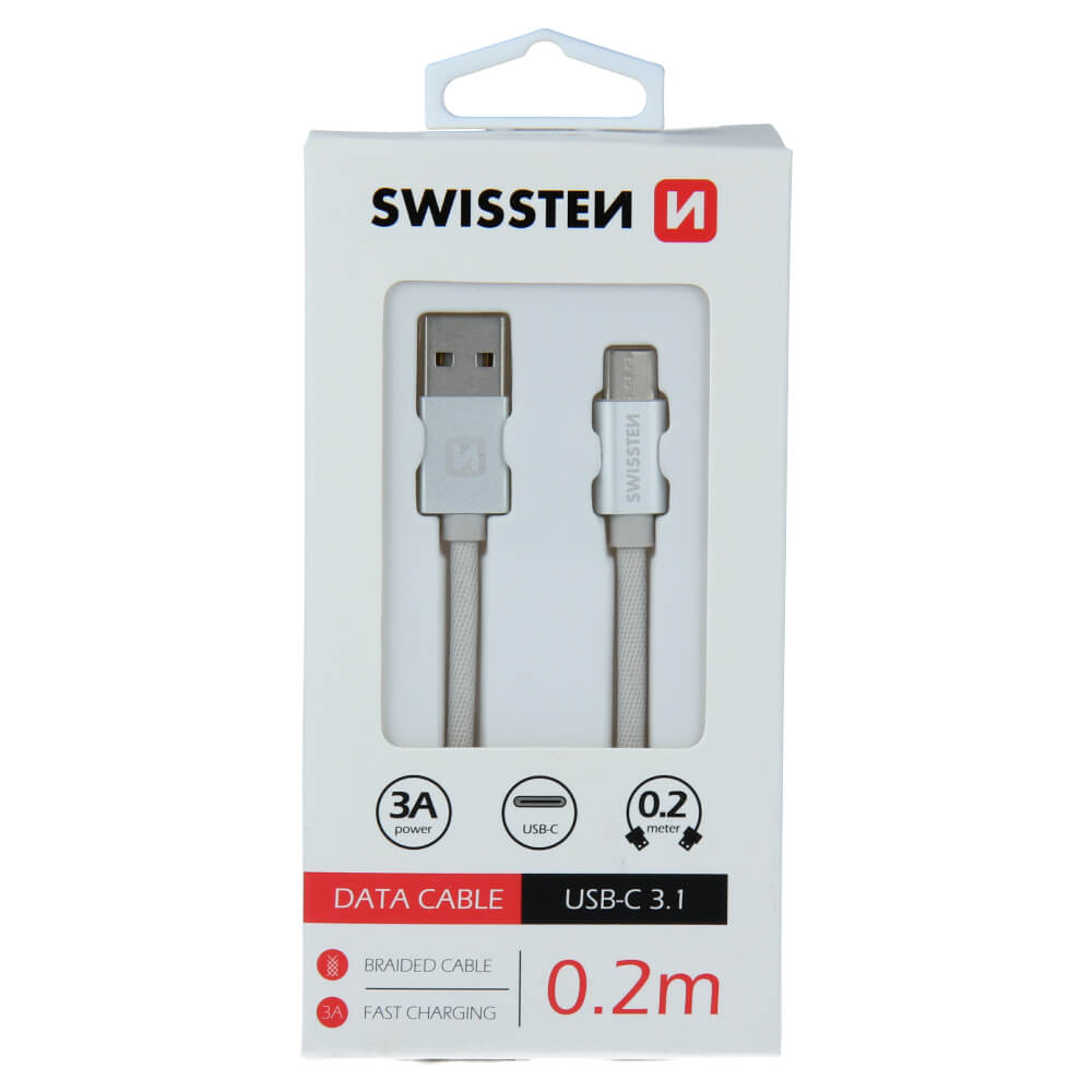 Textilný dátovy kábel Swissten USB / USB-C 0,2 M - strieborný